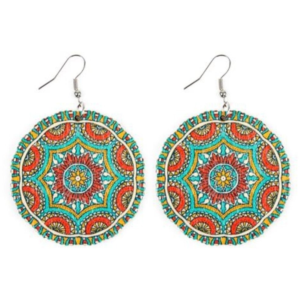 New! Mandala 411 Earrings Hand Painted on Wooden Disk